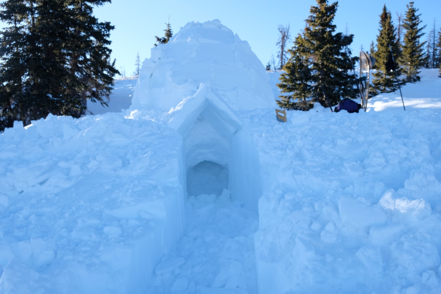 Finished igloo from below, looking at the entry.