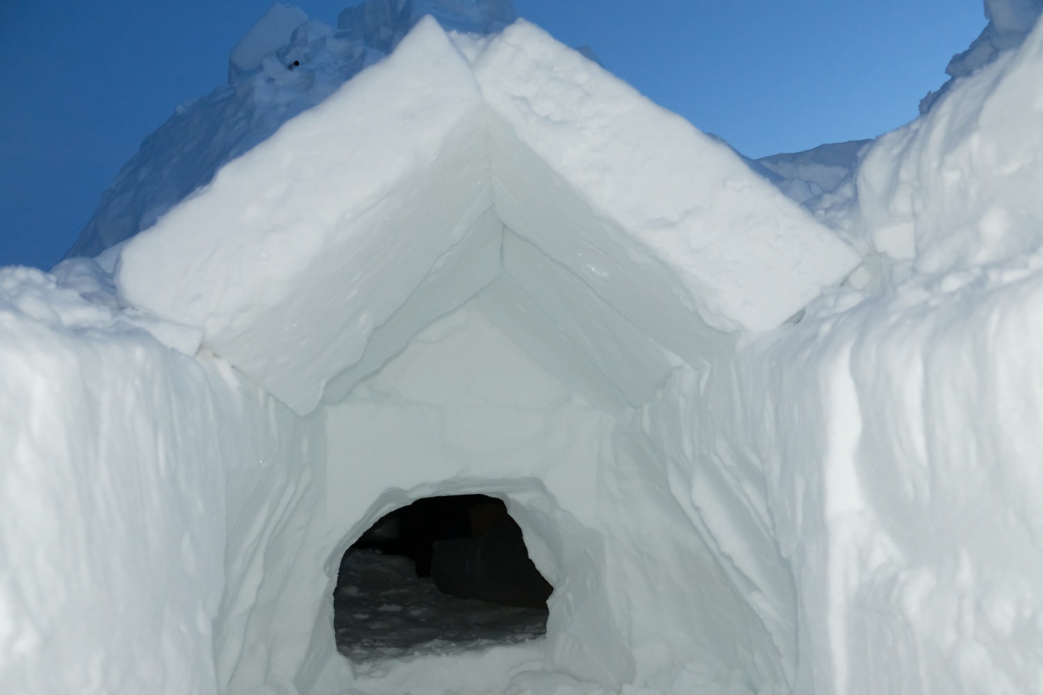 Snow house with 2 secitons of roof built.