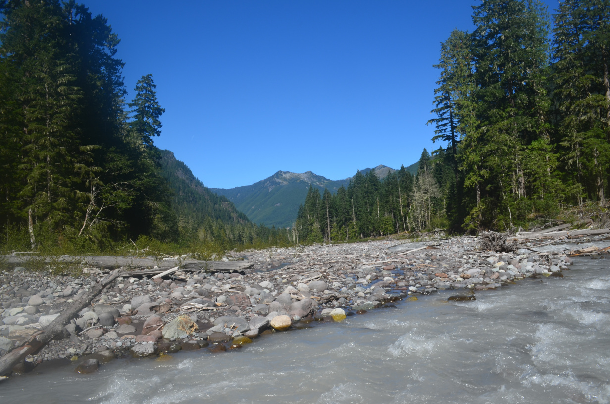 Carbon river, surronded by rocks.