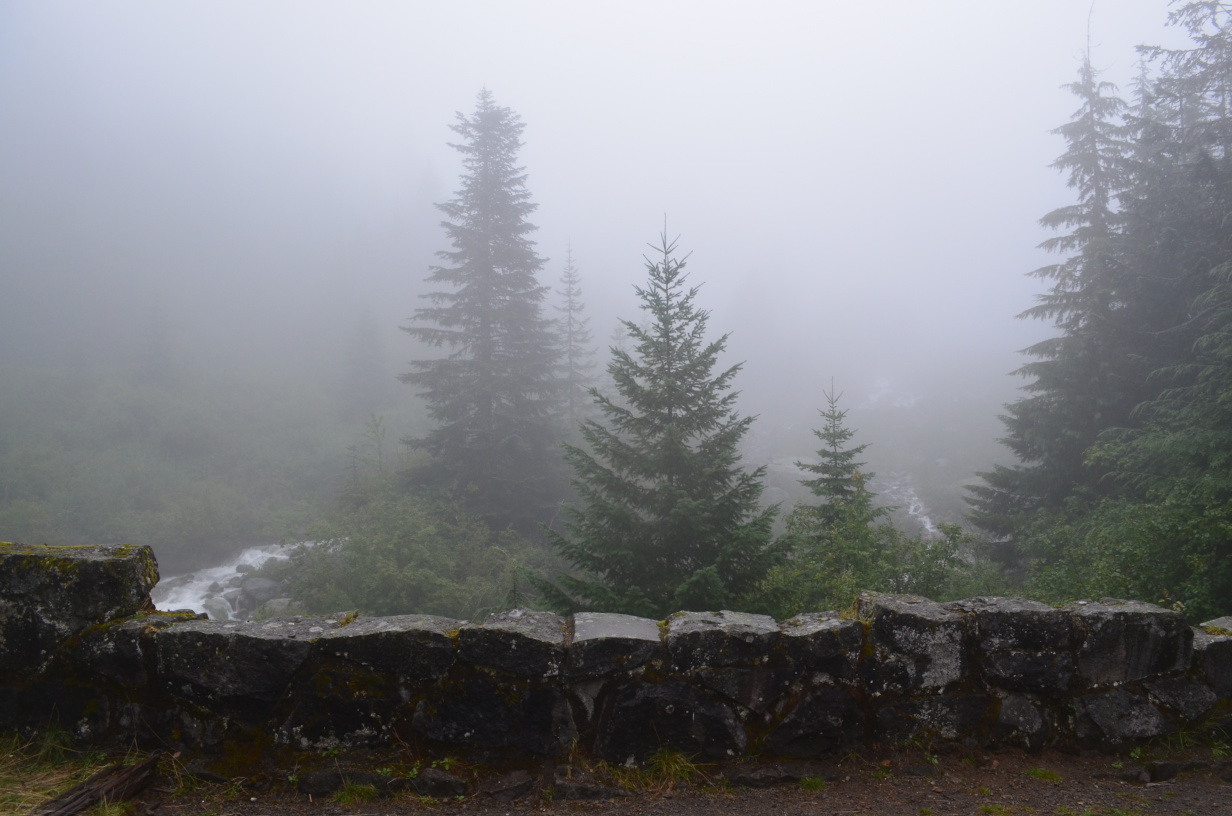 A view of a bunch of fog where you would see the peak if it weren't foggy.