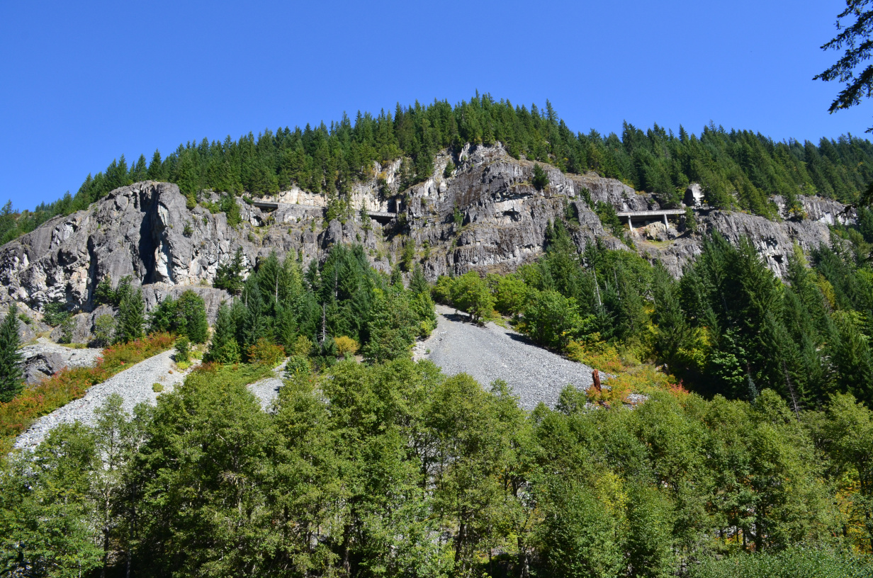 Looking up at Stevens road, where a mix of viaduct and tunnel takes it across the mountainside.