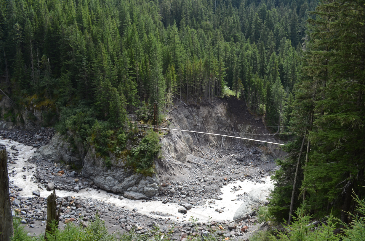 Looking at Tahoma Creek suspension bridge from the North.