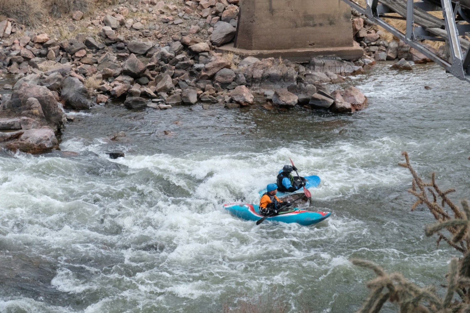 Kayakers near the old pipe bridge.