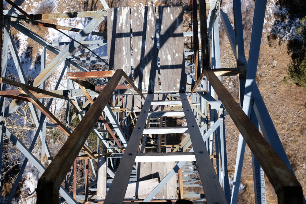 Looking down the watch tower stairs.