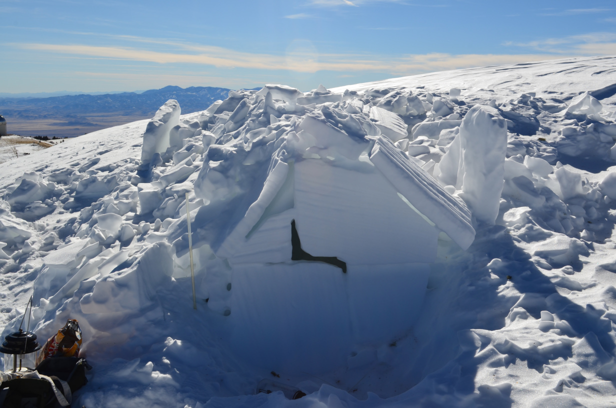 The snow house, showing some melting after a week in the sun.