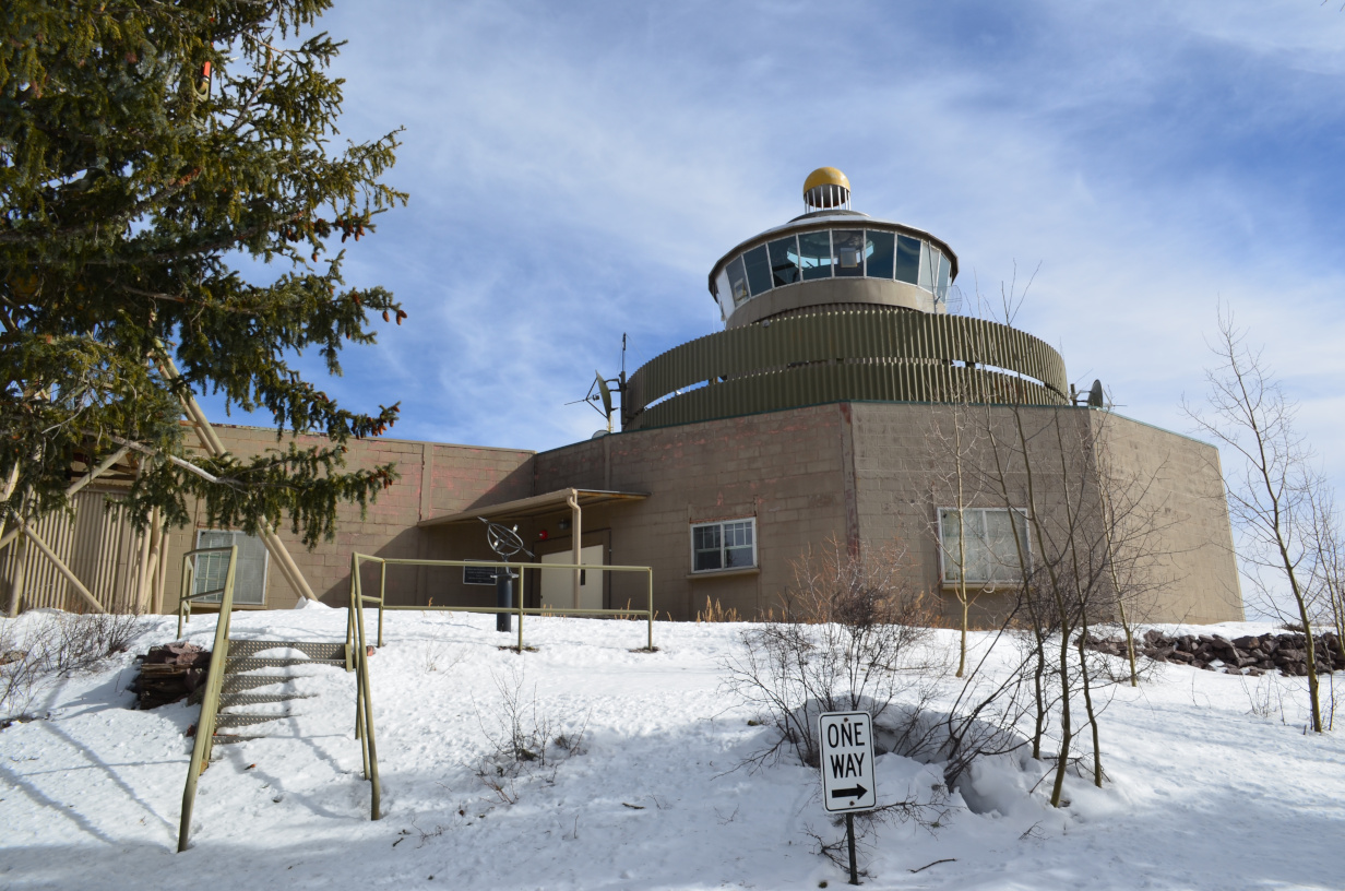 The snow covered entry to Langumir labs.