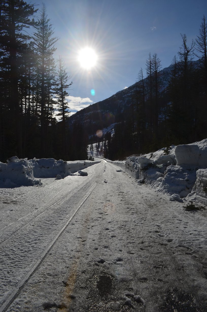 Lower plowed section of North Cascades Highway in the afternoon.