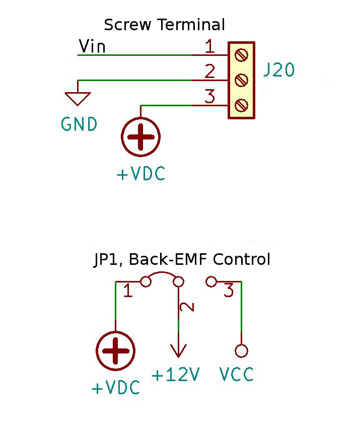 A schematic of the screw terminal and back EMF jumper.
