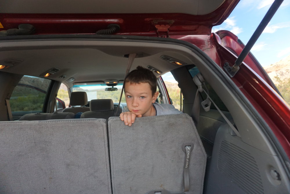 A kid in the car waiting for the long ride home.