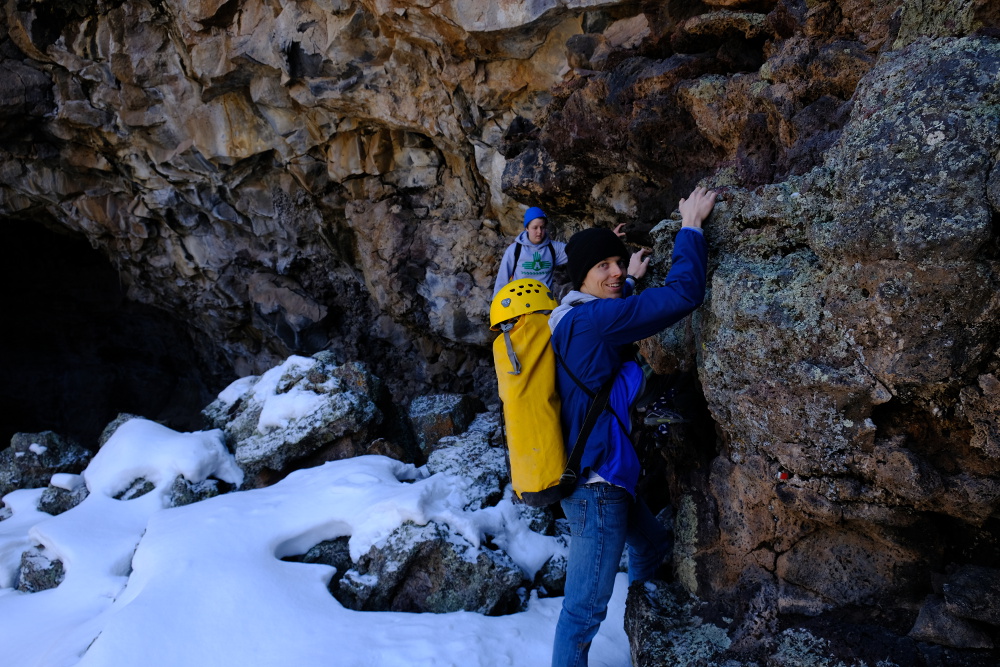 Traversing around/over the edge of the snow.