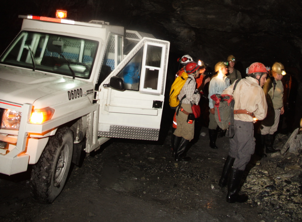 Getting out of the car near the bottom of the mine.