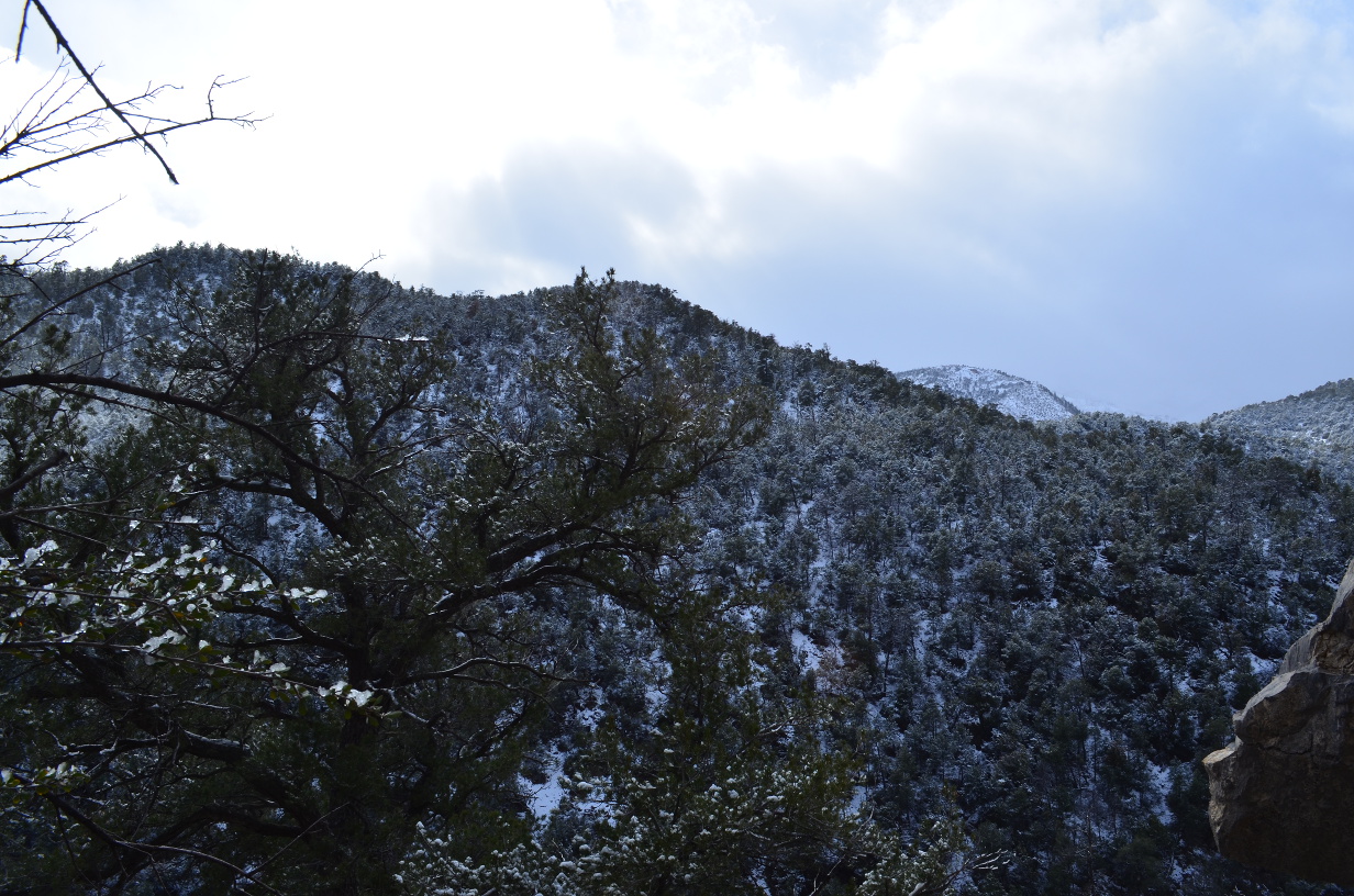 Looking out at the snow covered hills near the cave.